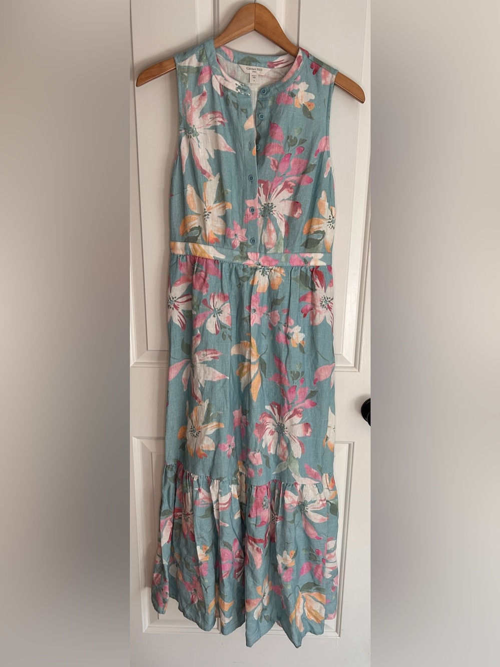 Garnet Hill Pomona Linen Maxi Dress - size 4 - Aqua Watercolor Floral